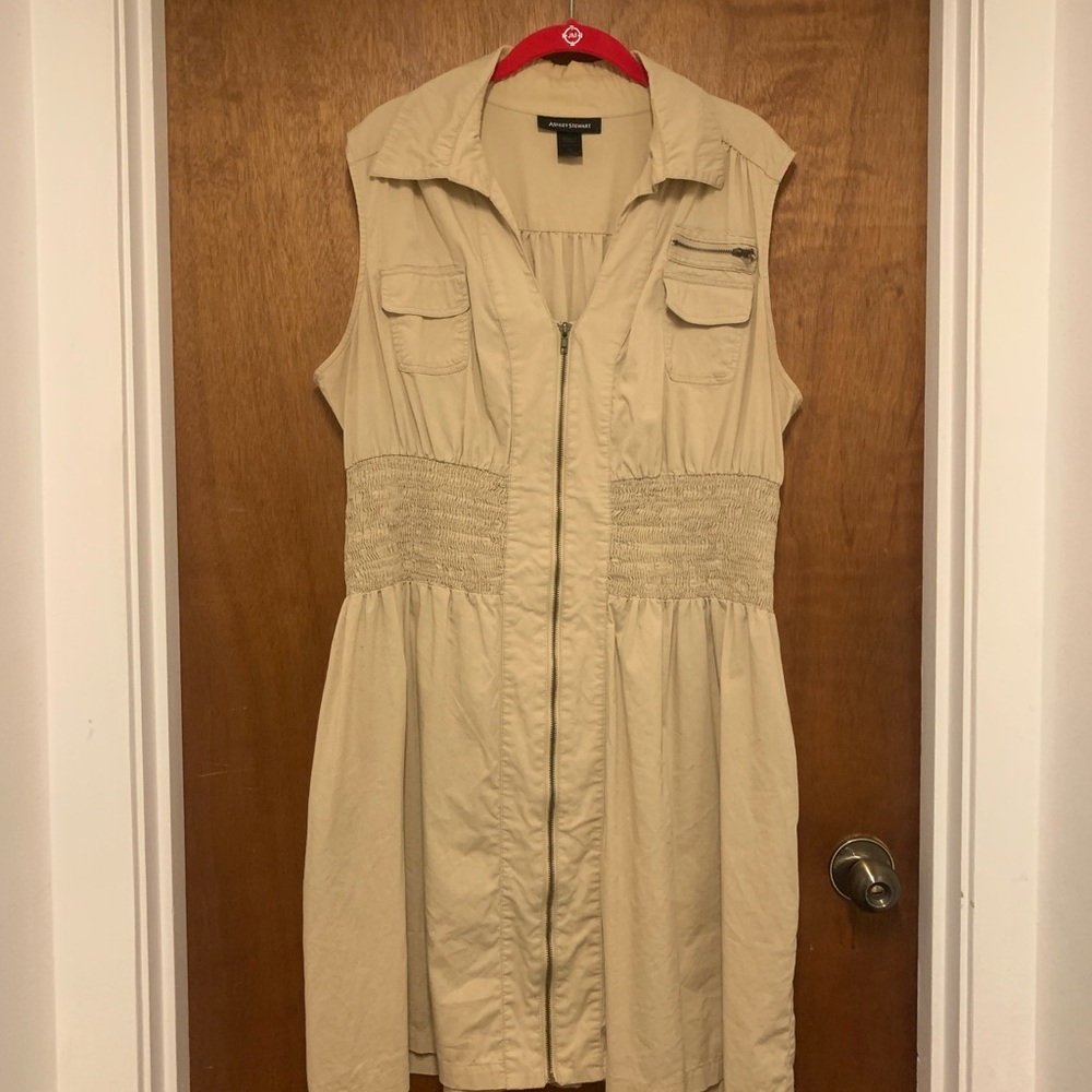 Ashley Stewart smocked elastic waist cotton stress - khaki neutral - size 18